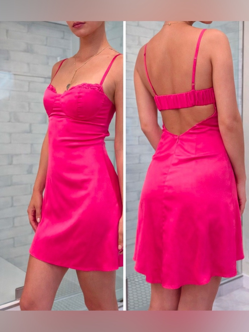 Superdown Hot Pink Satin Mini Dress NWT | Open Back Slip Dress XS - Picture 11 of 13